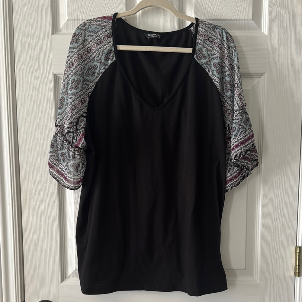 BloomChic Black Blouse with Patterned Sleeves